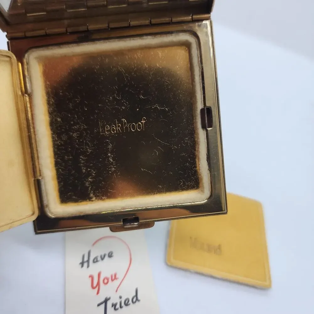 Vintage Volupte Black Gold Scroll Powder Compact Mirror Puff Unused Orig Card